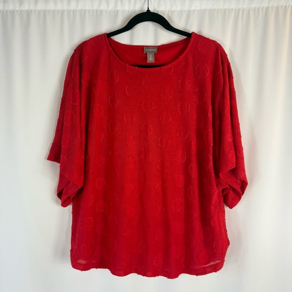 Chico's Red Top Chico's Top Sz 2  L Red Texture Polka Dot
Dolman Sleeve Blouse